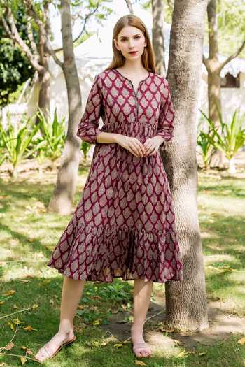 Shop_Missprint_Maroon Cotton Printed Hand Block Notched Elizabeth Florette Tiered Dress_Online_at_Aza_Fashions