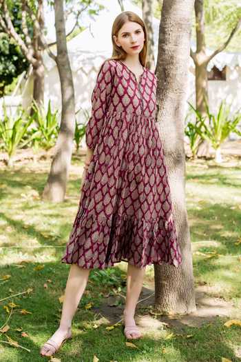 Buy_Missprint_Maroon Cotton Printed Hand Block Notched Elizabeth Florette Tiered Dress_Online_at_Aza_Fashions