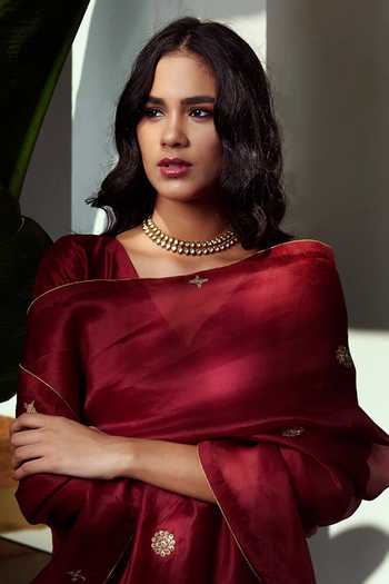 Buy_Weaver Story_Maroon Silk, Organza Zari, Embroidery V-neck Kurta Set With Zardozi Dupatta_Online_at_Aza_Fashions