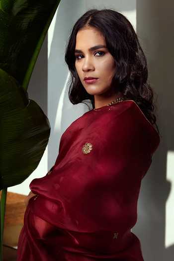 Shop_Weaver Story_Maroon Silk, Organza Zari, Embroidery V-neck Kurta Set With Zardozi Dupatta_Online_at_Aza_Fashions