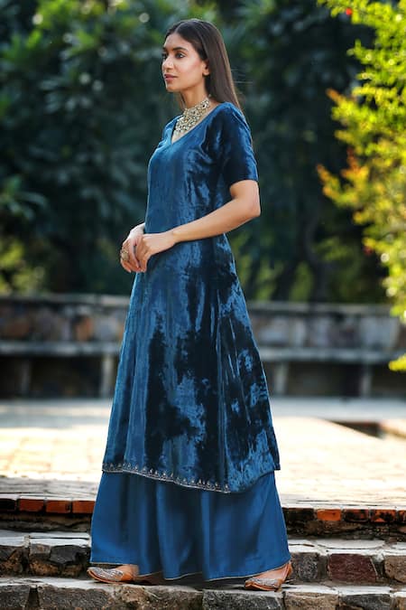 Weaver Story_Blue Silk, Velvet Zari, Cut Work Placement Embroidered Kurta And Sharara Set _Online_at_Aza_Fashions