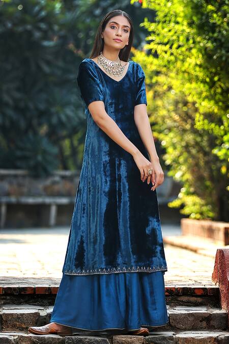 Buy_Weaver Story_Blue Silk, Velvet Zari, Cut Work Placement Embroidered Kurta And Sharara Set _Online_at_Aza_Fashions