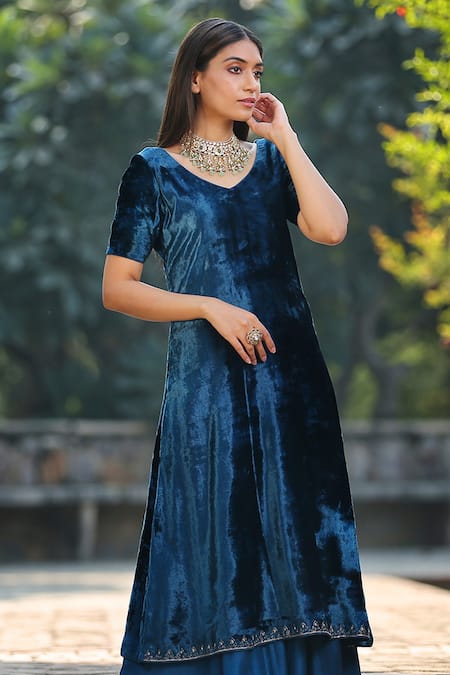 Shop_Weaver Story_Blue Silk, Velvet Zari, Cut Work Placement Embroidered Kurta And Sharara Set _Online_at_Aza_Fashions