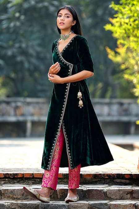 Weaver Story_Green Silk, Velvet, Brocade Tassels, Embroidery Angarkha And Pant Set _Online_at_Aza_Fashions