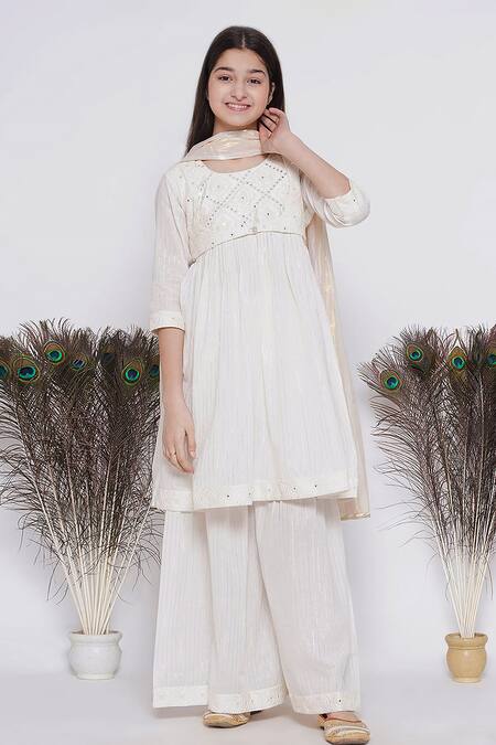 Little Bansi Cream Cotton, Chiffon Mirrors, Embroidery Kurta Sharara Set Online at Aza Fashions Little Bansi_Cream Cotton, Chiffon Mirrors, Embroidery Kurta Sharara Set_Online_at_Aza_Fashions