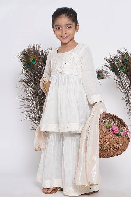 Buy Little Bansi Cream Cotton, Chiffon Mirrors, Embroidery Kurta Sharara Set Online at Aza Fashions Buy_Little Bansi_Cream Cotton, Chiffon Mirrors, Embroidery Kurta Sharara Set_Online_at_Aza_Fashions