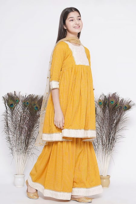 Little Bansi_Yellow Cotton, Chiffon Embroidery, Lace Thread Kurta Sharara Set _Online_at_Aza_Fashions