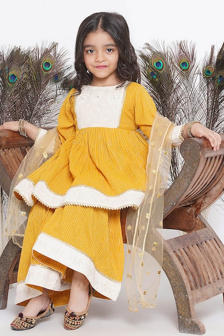 Buy_Little Bansi_Yellow Cotton, Chiffon Embroidery, Lace Thread Kurta Sharara Set _Online_at_Aza_Fashions