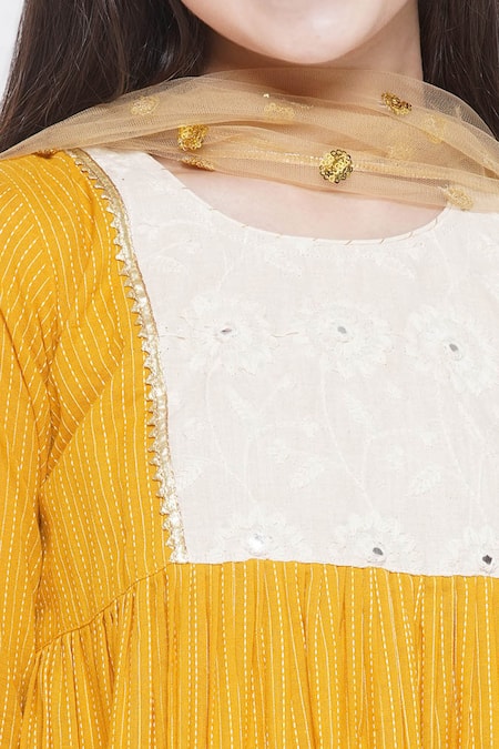 Little Bansi_Yellow Cotton, Chiffon Embroidery, Lace Thread Kurta Sharara Set _at_Aza_Fashions