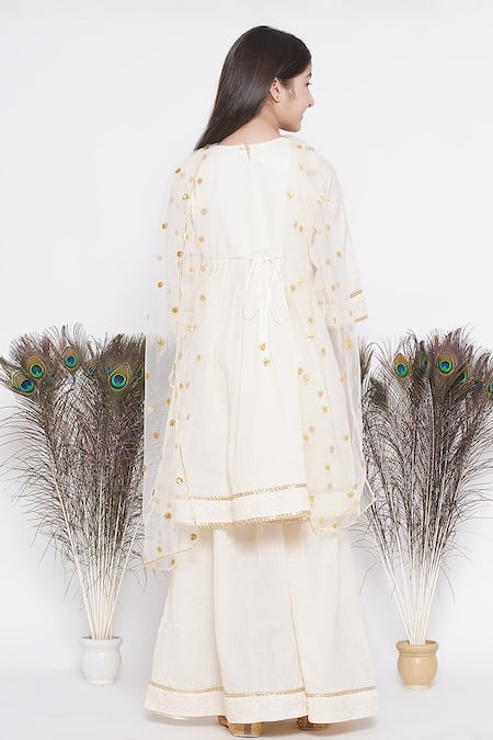 Buy_Little Bansi_Cream Cotton, Chiffon Embroidery Floral Kurta Sharara Set _Online_at_Aza_Fashions