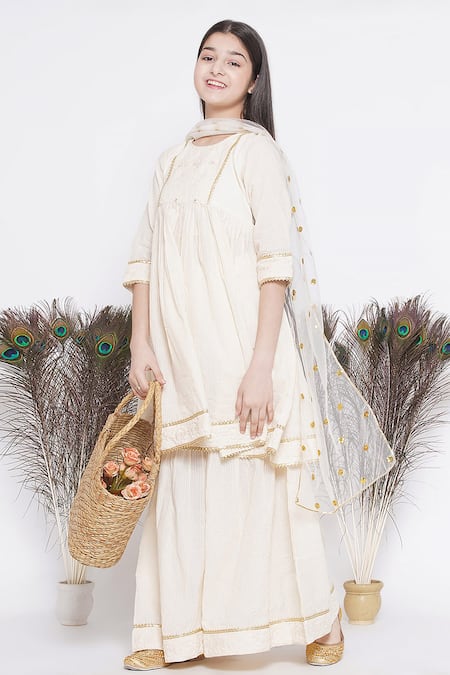 Shop_Little Bansi_Cream Cotton, Chiffon Embroidery Floral Kurta Sharara Set _Online_at_Aza_Fashions