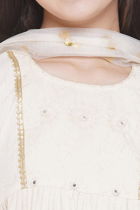 Buy_Little Bansi_Cream Cotton, Chiffon Embroidery Floral Kurta Sharara Set 