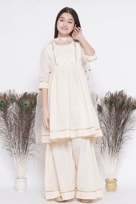 Shop_Little Bansi_Cream Cotton, Chiffon Embroidery Floral Kurta Sharara Set 