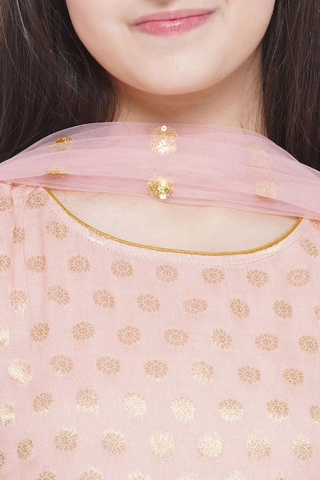 Buy_Little Bansi_Peach Cotton, Viscose, Chiffon Sequins, Embroidery Floral Work Kurta Sharara Set