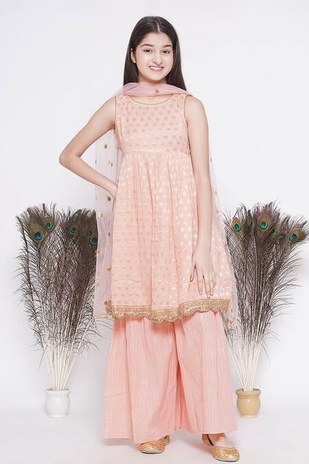 Shop_Little Bansi_Peach Cotton, Viscose, Chiffon Sequins, Embroidery Floral Work Kurta Sharara Set