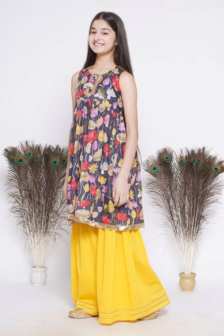 Little Bansi_Purple Cotton, Silk Gota Patti, Embroidery Lotus And Duck Print Kurta Sharara Set_Online_at_Aza_Fashions