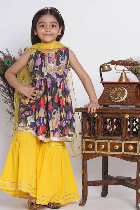 Buy_Little Bansi_Purple Cotton, Silk Gota Patti, Embroidery Lotus And Duck Print Kurta Sharara Set_Online_at_Aza_Fashions