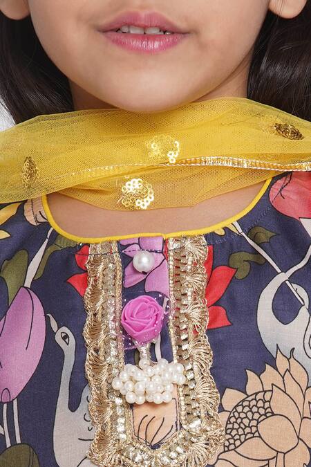 Shop_Little Bansi_Purple Cotton, Silk Gota Patti, Embroidery Lotus And Duck Print Kurta Sharara Set_Online_at_Aza_Fashions
