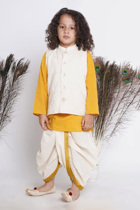 Little Bansi Yellow Cotton Kurta Set With Cream Jacket 