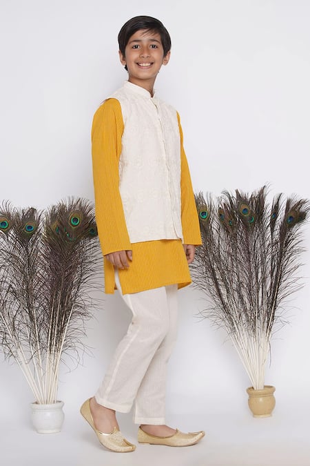 Little Bansi_Yellow Cotton Embroidery Kurta Set With Cream Jacket _Online_at_Aza_Fashions