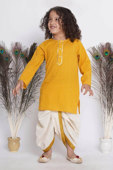 Buy_Little Bansi_Yellow Cotton Embroidery Kurta Set With Cream Jacket _Online_at_Aza_Fashions