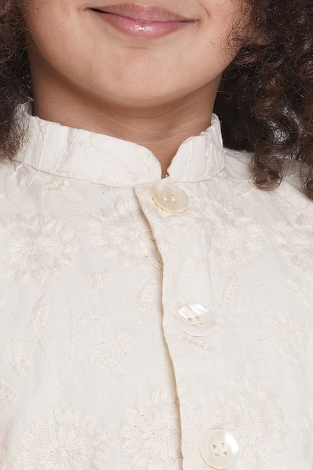 Little Bansi_Yellow Cotton Embroidery Kurta Set With Cream Jacket _at_Aza_Fashions