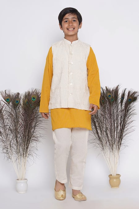 Buy_Little Bansi_Yellow Cotton Embroidery Kurta Set With Cream Jacket 
