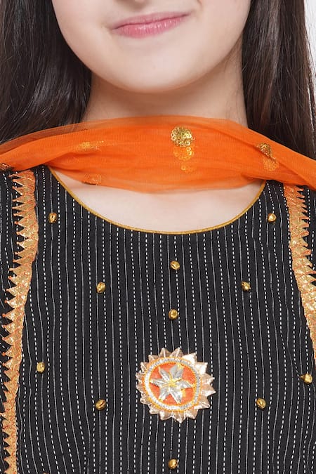 Little Bansi_Black Cotton, Chiffon Embroidery Thread Kurta Salwar Set _at_Aza_Fashions