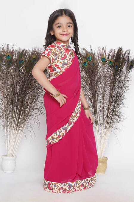 Little Bansi_Red Georgette, Cotton Embroidery Border Floral Pattern Saree With Blouse_Online_at_Aza_Fashions