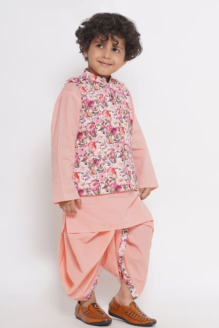 Little Bansi_Peach Cotton Embroidery Floral Printed Kurta Set With Nehru Jacket _Online_at_Aza_Fashions