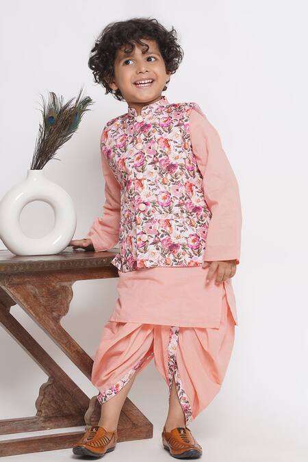 Buy_Little Bansi_Peach Cotton Embroidery Floral Printed Kurta Set With Nehru Jacket _Online_at_Aza_Fashions