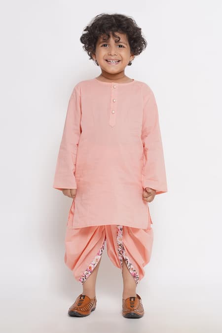 Shop_Little Bansi_Peach Cotton Embroidery Floral Printed Kurta Set With Nehru Jacket _Online_at_Aza_Fashions