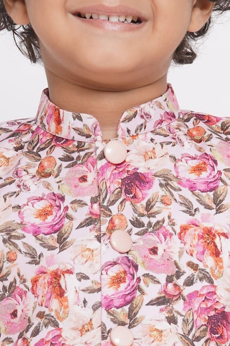 Little Bansi_Peach Cotton Embroidery Floral Printed Kurta Set With Nehru Jacket _at_Aza_Fashions