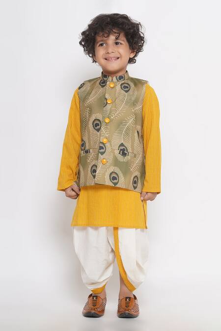 Buy_Little Bansi_Yellow Cotton Embroidery Kurta Set With Feather Print Nehru Jacket_Online_at_Aza_Fashions