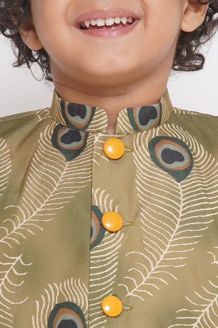 Little Bansi_Yellow Cotton Embroidery Kurta Set With Feather Print Nehru Jacket_at_Aza_Fashions