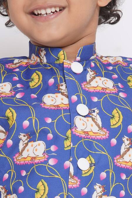 Little Bansi_Blue Cotton Cow Print Nehru Jacket With Kurta Set _Online_at_Aza_Fashions