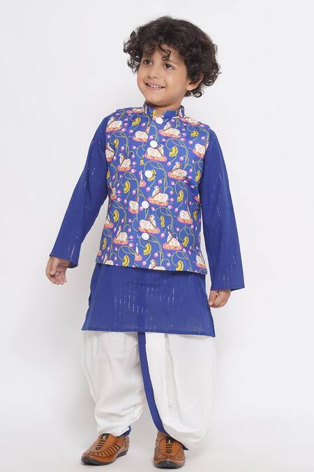 Buy_Little Bansi_Blue Cotton Cow Print Nehru Jacket With Kurta Set _Online_at_Aza_Fashions