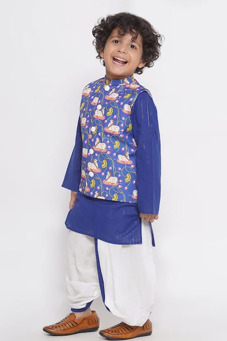 Little Bansi_Blue Cotton Cow Print Nehru Jacket With Kurta Set _at_Aza_Fashions
