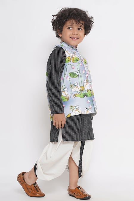 Little Bansi_Black Cotton Embroidery Striped Kurta Set With Nehru Jacket _Online_at_Aza_Fashions