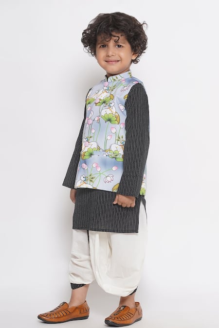 Buy_Little Bansi_Black Cotton Embroidery Striped Kurta Set With Nehru Jacket _Online_at_Aza_Fashions
