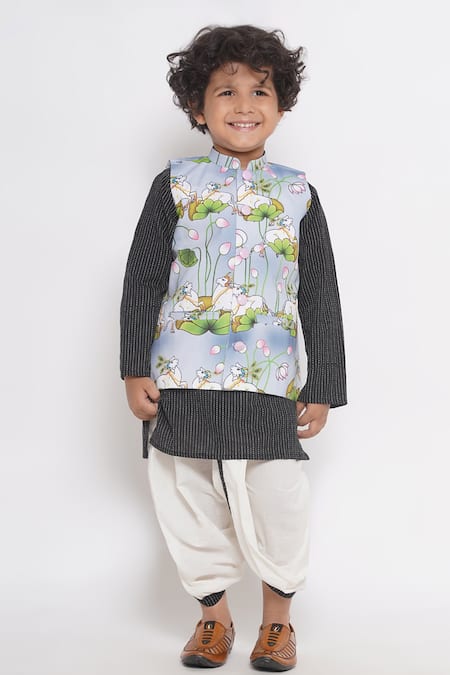 Shop_Little Bansi_Black Cotton Embroidery Striped Kurta Set With Nehru Jacket _Online_at_Aza_Fashions