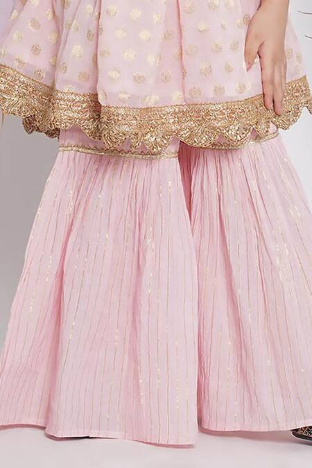Little Bansi Pink Cotton, Viscose Sequins, Embroidery Floral Work Kurta Sharara Set Online at Aza Fashions Little Bansi_Pink Cotton, Viscose Sequins, Embroidery Floral Work Kurta Sharara Set_Online_at_Aza_Fashions