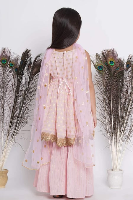 Shop Little Bansi Pink Cotton, Viscose Sequins, Embroidery Floral Work Kurta Sharara Set at Aza Fashions Shop_Little Bansi_Pink Cotton, Viscose Sequins, Embroidery Floral Work Kurta Sharara Set_at_Aza_Fashions