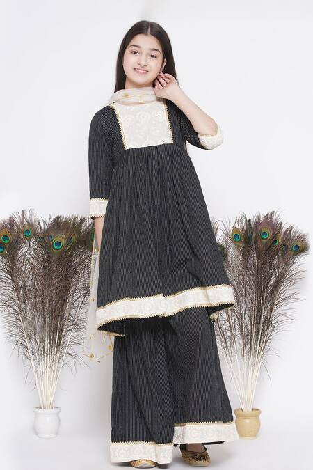 Little Bansi_Black Cotton, Chiffon Sequins, Embroidery Kurta Sharara Set _Online_at_Aza_Fashions