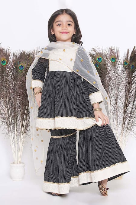 Buy_Little Bansi_Black Cotton, Chiffon Sequins, Embroidery Kurta Sharara Set _Online_at_Aza_Fashions