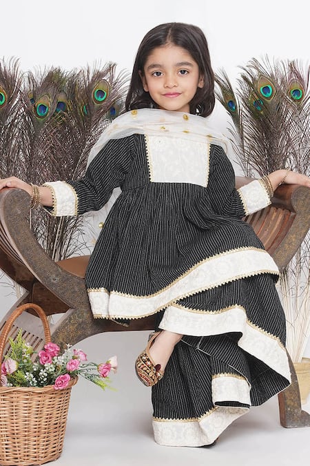 Shop_Little Bansi_Black Cotton, Chiffon Sequins, Embroidery Kurta Sharara Set _Online_at_Aza_Fashions