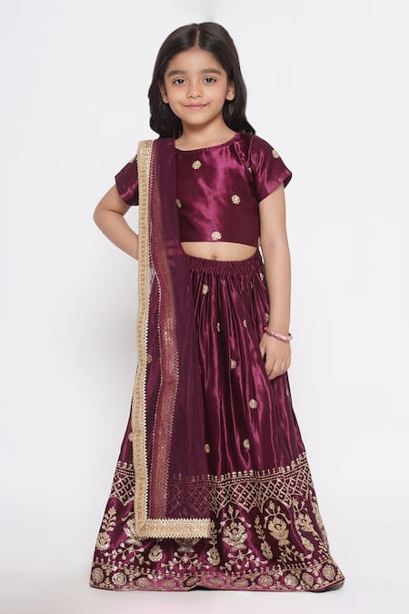 Little Bansi_Wine Gabardine, Cotton, Gingham, Silk Sequins, Embroidery Blouse Lehenga Set _Online_at_Aza_Fashions