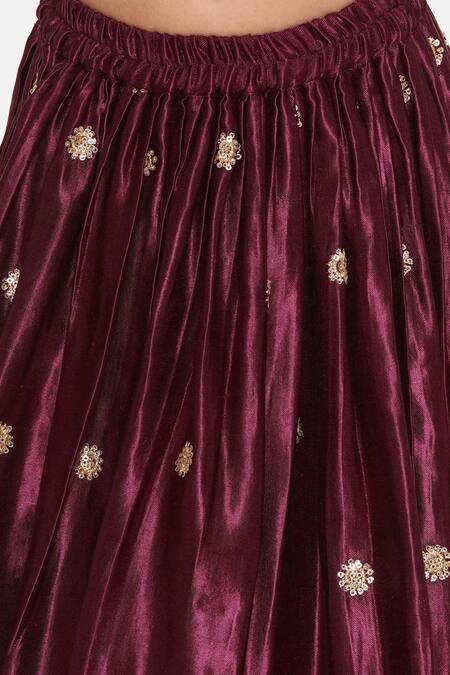 Shop_Little Bansi_Wine Gabardine, Cotton, Gingham, Silk Sequins, Embroidery Blouse Lehenga Set _Online_at_Aza_Fashions