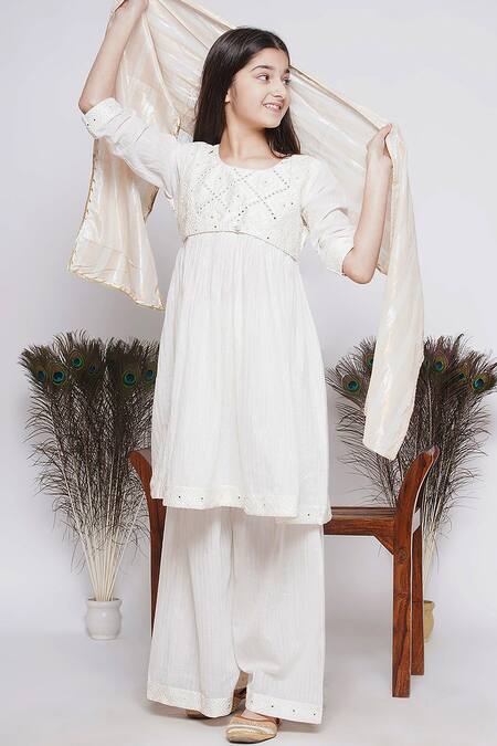 Little Bansi Cream Cotton, Chiffon Mirrors, Embroidery Kurta Sharara Set at Aza Fashions Little Bansi_Cream Cotton, Chiffon Mirrors, Embroidery Kurta Sharara Set_at_Aza_Fashions
