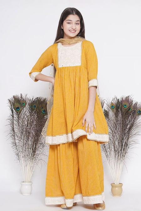 Buy_Little Bansi_Yellow Cotton, Chiffon Embroidery, Lace Thread Kurta Sharara Set 